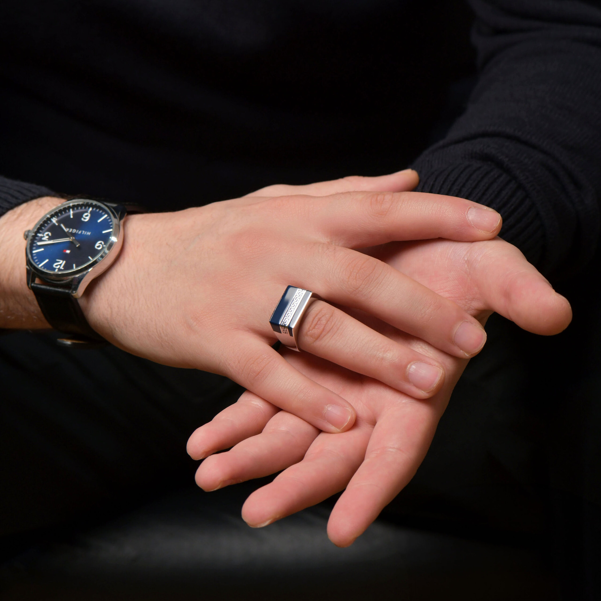 Chevalière Homme en Argent 925 à Motif Frise Grecque Bleue, autre vue