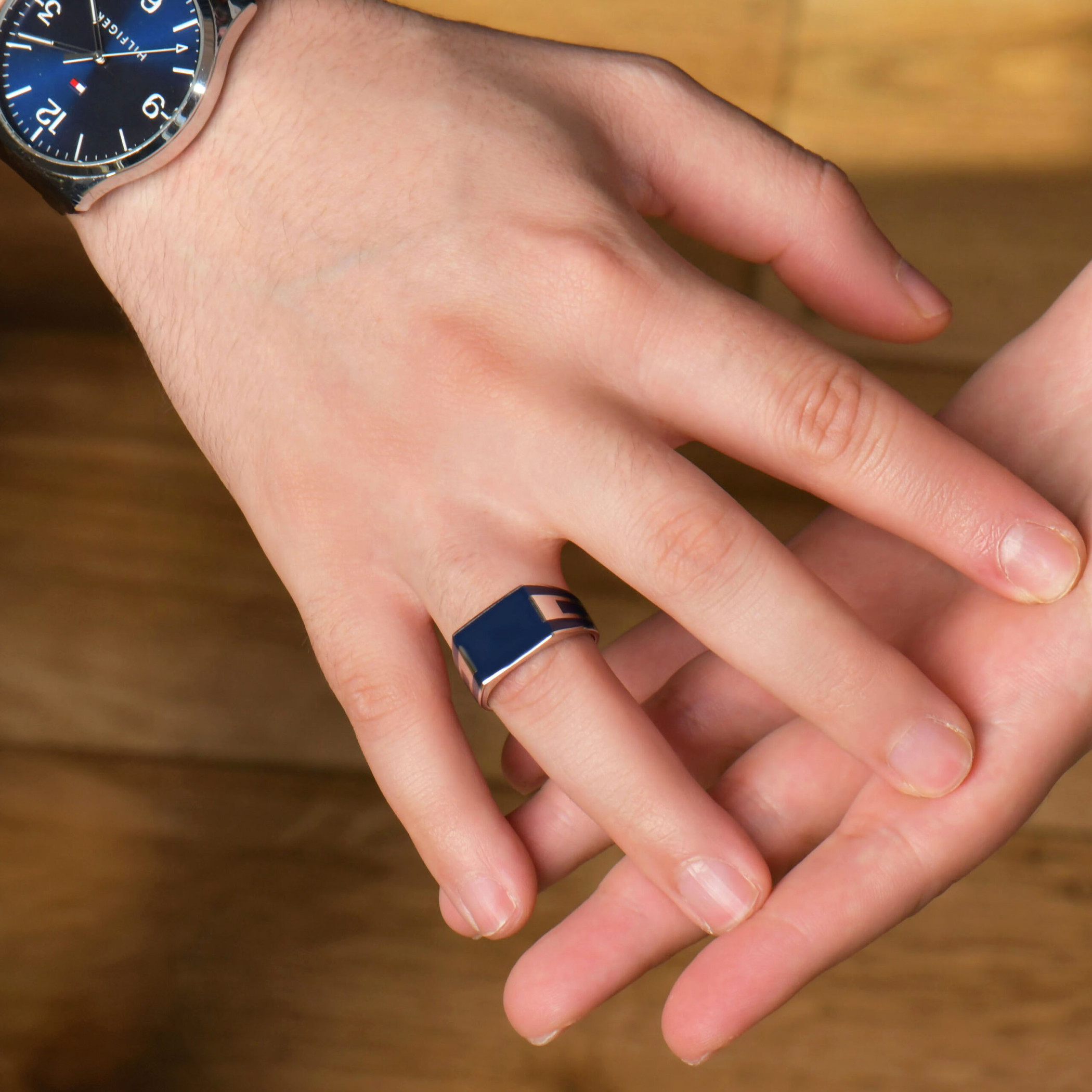 Chevalière Homme en Argent 925 à Motif Ligne Bleue, autre vue