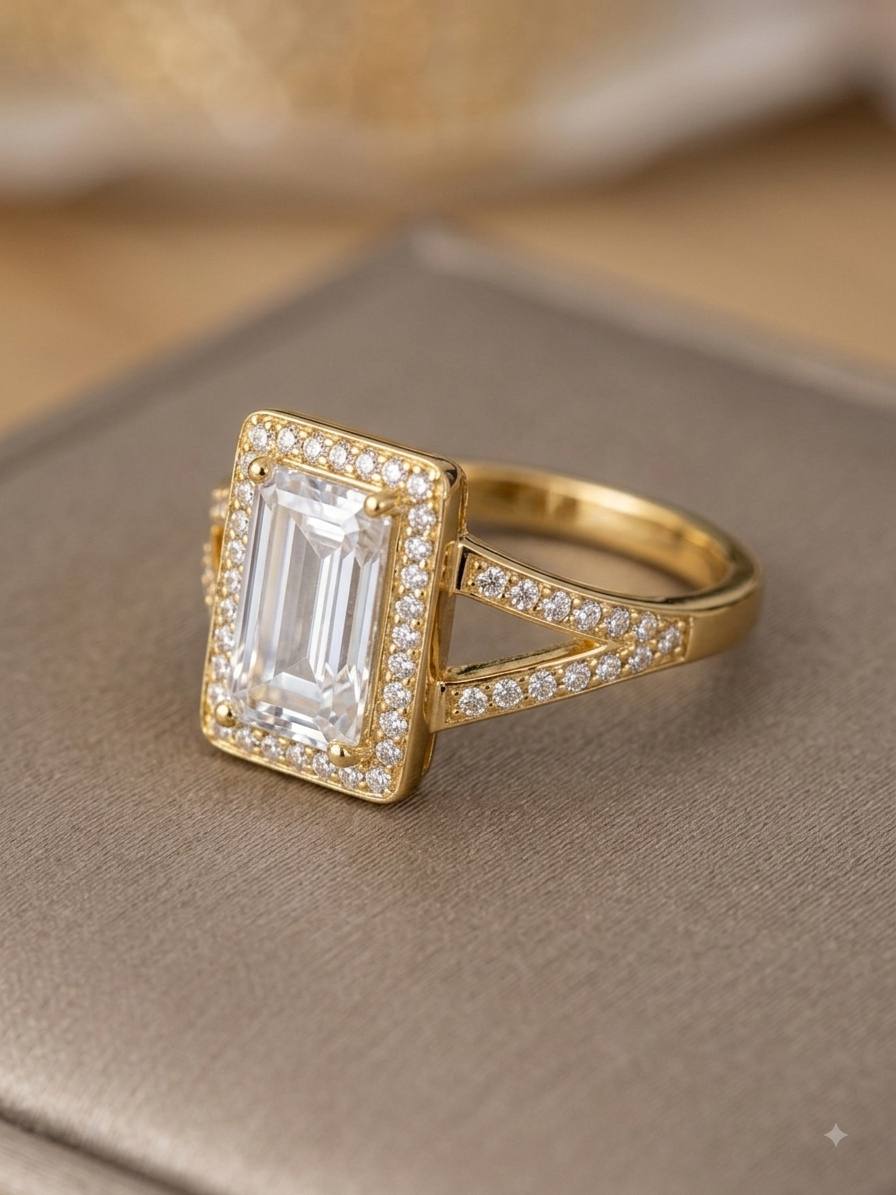 Bague Rectangulaire — Une bague statement à grande pierre taille émeraude, cerclée d'un halo de cristaux, en acier doré qui ne ternit pas.